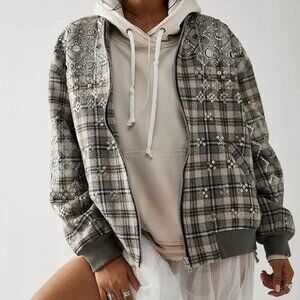 NWT Free People Louie Embellished Bomber Jacket - Grey Plaid